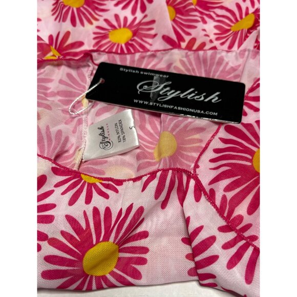 Stylish Swimwear Pink Yellow Daisy Print Small Beach Swim Cover Up Sheer Hippie - Picture 6 of 8
